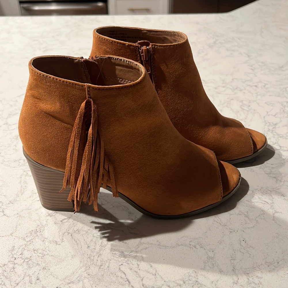 Peep Toe Heeled Bootie with Fringe Detail